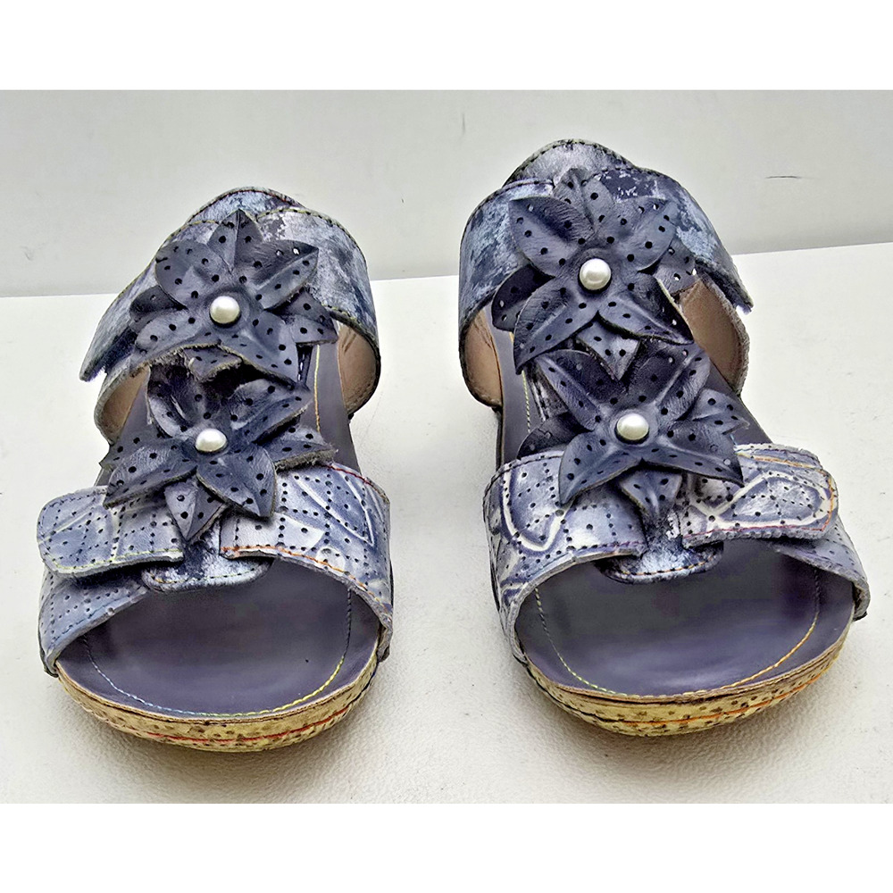 Spring Step L’artiste Karina Slide Sandals Sz 8.5 EU 39 Blue Flowers - Picture 3 of 10